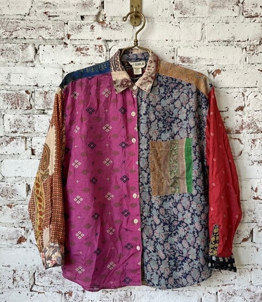 90s Vintage US Girls Patchwork 100% Silk Button Up Shirt India Boho